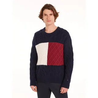 Tommy Hilfiger Rundhalspullover »CABLE FLAG SWEATER«, mit Colorblocking-Design vorne, blau