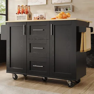 okwish Kücheninsel,Sideboard,Multifunktionaler Küchenschrank mit abnehmbare Trennwände, Buffetschrank, Speisewagen mit abnehmbaren Rädernseitlicher Handtuchhalterschwarz - Schwarz