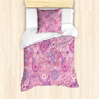 ABAKUHAUS Mauve Mantele, Blumen Folklore, Milbensicher Allergiker geeignet mit Kissenbezügen, 135 cm x 200 cm - 80 x 80 cm, Getrocknete Rosen-Rosa