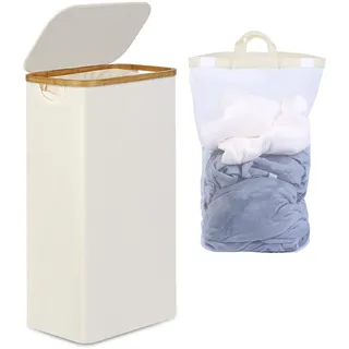 efluky Wäschekorb mit Deckel 75L, Schmal Wäschekorb mit Waschbarer Innentasche, Beige Wäschebehälter mit Bambusgriffen, Faltbare Wäschekörbe für Waschküche, Schlafzimmer, Badezimmer