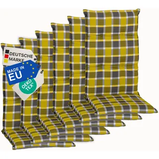 NYVI Gartenstuhl Auflagen Hochlehner 6er Set Barcelona - UV-Beständig, Atmungsaktiv, Strapazierfähig - Hochlehnerauflagen Sitzkissen Outdoor - Sitzauflagen für Gartenstühle 118x50cm Karo Gelb Grau