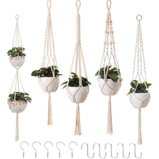 Petutu 5er Set Makramee Blumenampel, Boho Deko Baumwollseil Hängeampel Blumentopf Pflanzen Halter Aufhänger für Innen Außen Decken Balkone Wanddekoration (Beige)