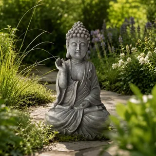 INtrenDU Buddha Figur Garten 40 cm – Wetterfeste Gartenfigur aus Magnesia in Steinoptik Steingrau – Gartendeko Buddha Statue frostfest für Außen, Zen
