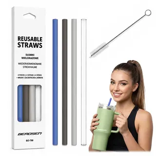 Berdsen Strohhalme Plastik 4er Set wiederverwendbar, Blau Grau Weiß Klar | 4 Trinkhalme je 29,5 cm, 7 mm Durchmesser, 20 cm Reinigungsbürste, für Thermobecher, Trinkflaschen, Shaker und hohe Gläser