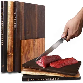 Schneidebretter Buchoptik, Buchförmiges Schneidebrett-Set, 4-teilig mit Ständer | Schneidebrett Holz in Buchoptik | Book Shaped Cutting Board für Obst, Gemüse, Fleisch & Kochen