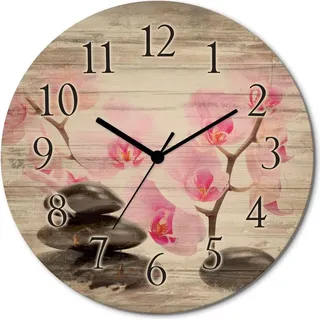 ARTland Holz Wanduhr Funkuhr - schwarzer Zeiger Schwarze Steine und pinke Orchidee Größe: 30x30 cm - Rosa