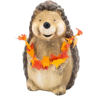 Heitmann Deco Keramikfigur Igel mit Ahornblatt-Girlande – Herbstdeko in Braun/Orange, 15 cm – Dekofigur für Fenster & Tisch