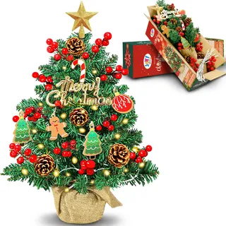 JOY SPOT! Mini Weihnachtsbaum Kleiner mit Beleuchtung LED Warm Lichtern, 60cm Künstlicher Weihnachtsbaum, Lebkuchenmann, Beeren,Tannenzapfen Deko, Tisch Weihnachtsbaum geschmückt für Weihnachten Deko