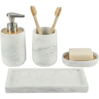 Kook Time Badezimmer Set 4-teilig mit Tablett - Seifenspender (Pumpe aus Zinklegierung), Zahnputzbecher, Seifenschale und Ablageschale - Marmor-Optik und Bambus - Modernes Ordnungssystem