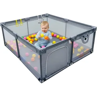 Relaxdays Laufstall Baby, 180 x 200 cm, Laufgitter, 50 Bällen, 2 Laufstallringe, sichere Spielecke, Oxford-Gewebe, grau