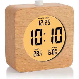 Holz digitale Wecker, 10 cm großer Holzwecker mit Batteriebetrieb, Schnitzelalarm und Nachttischlampe, LCD-Bürouhr mit Zeit-, Datum- und Temperaturanzeige (Holz, 10 cm Quadrat)