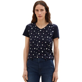 TOM TAILOR Damen 1037404 T-Shirt, 32821 - Navy Small Leaf Design, S