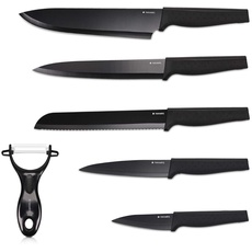 Navaris Messer Set 6-teilig inkl. Schäler - 5X Edelstahl Küchenmesser und 1x Keramik Gemüseschäler - Fleischmesser Brotmesser - Messerset schwarz