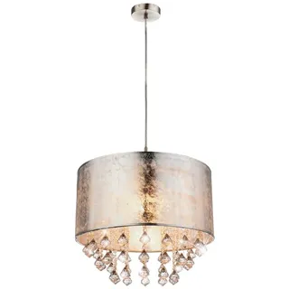 Hängelampe Stoff-Lampenschirm mit Kristallen Hängeleuchte Pendelleuchte Schlafzimmerlampe Silber Metallic (Pendellampe, Wohnzimmerlampe, 40 cm, Höhe 140 cm)