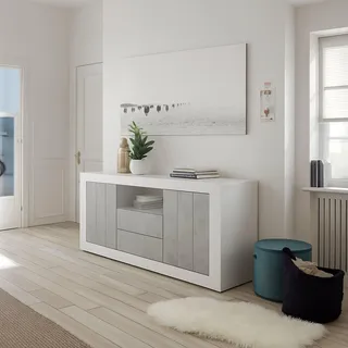 Dmora Modernes Sideboard mit 2 Türen und 2 Schubladen, hergestellt in Italien, Designer-Büffet für Wohnzimmer, 184 x 42 x 86 cm, Farbe Weiß glänzend und Beton