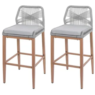 Mendler 2er-Set Rope-Barhocker  Outdoor Sitzpolster Seilgeflecht Metall Holz-Optik  hellgrau