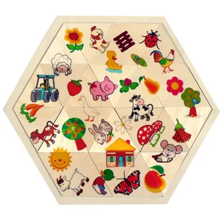 Hess Holzspielzeug 14902 - Mosaik-Legespiel aus Holz in sechseckiger Form mit 24 Teilen, Serie Bauernhof, für Kinder ab 3 Jahren, handgefertigt, als Geschenk zum Geburtstag, Weihnachten oder Ostern