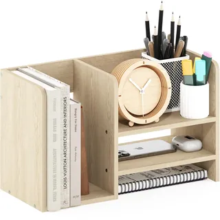 Furinno Hermite Aufbewahrungs-Organizer aus Holz für Schreibtisch-Bücher und Heim-Bürobedarf, Bauhaus-Eiche, 2 Fächer und ein Aktenfach