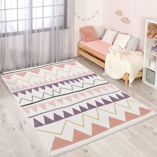 carpet city Kinderteppich - Zickzack-Motiv 120x160 cm Creme Rosa - Kinderzimmer Teppich Modern Mädchen