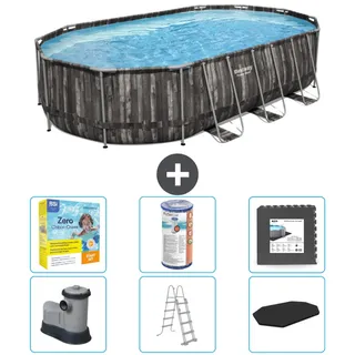 Bestway Oval Power Steel Swimmingpool – 610 x 366 x 122 – Grau – inklusive Pumpe – Leiter – Abdeckung Wartungspaket - Filter - Bodenfliesen