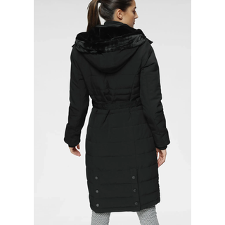 Steppmantel ALPENBLITZ "Oslo long", Damen, Gr. 50, schwarz, Web, Obermaterial: 90% Polyester, 10% Elasthan. Bündchen (Ärmel): 95% Polyester, 5% Elasthan. Futter: 100% Polyester. Kapuzenfutter: 100% Polyester. Wattierung: 100% Polyester, kontrastfarbene Details, unifarben, figurumspielend kniefrei, Rippbündchen mit Windstopper, Mäntel Steppmantel, Mantel mit Markenprägung auf dem Gürtel & abnehmbarer Kuschel-Kapuze