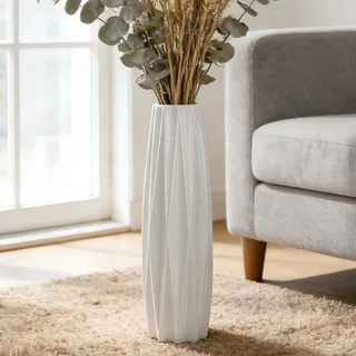 Duoqulou 45cm Weiße Keramik Bodenvase, Große Dekovase für Blumen,Pampasgras und Deko, Perfekt für Wohnzimmer, Büro, Schlafzimmer