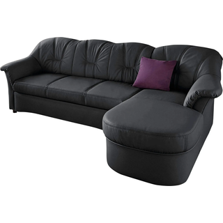 Ecksofa DOMO COLLECTION "FLORES Schlafsofa, 233x142x86 cm, L-Form", schwarz, B:231cm H:84cm T:142cm, Kunstleder SOFTLUX / Struktur ( 90% Polyester, 10% Polyacryl );NaturLEDER (echtes Rindsleder) in Sitz und Rücken. Korpus in passendem Kunstleder SOFTLUX bezogen;Microfaser PRIMABELLE (100% Polyester) / Struktur ( 100% Polyester ), Sofas, Ecksofa, wahlweise mit Bettfunktion, wahlweise mit Federkern, auch in Leder