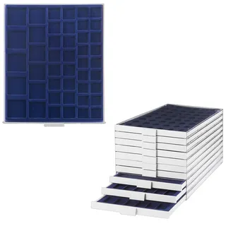 Prophila Collection Münzbox grau 45 eckige Fächer gemischt 4 Verschiedene Größen, Blaue Einlage
