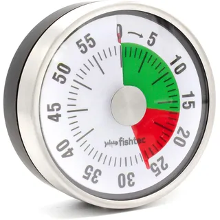 FISHTEC - Kurzzeitwecker Mechanisch aus Edelstahl, Magnetisch, Ø 8 x 3,2 cm – Timer ohne Batterie für Küche, Büro, Klassenzimmer, Lauter Alarm, Einfach Ablesbar (Retro)