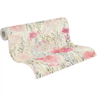 A.S. Création Blumentapete in Weiß, Bunt, Rosa, Grün, Grau - hochwertige Vliestapete floral 396952 - Designtapete gemalt auf 10,05m x 0,53m - Made in Germany