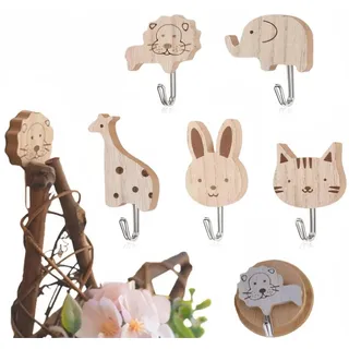 COZERI 5Pcs haken kinderzimmer,kleiderhaken kinder,Holz Tier Wandhaken, garderobe Kinder Gaderobe Haken, Katzen, Löwen, Kaninchen, Giraffen, Elefantenform