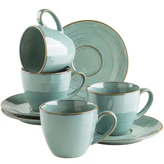 MÄSER Serie Nottingham, Vintage Kaffeetassen Set für 4 Personen, Untertassen mit unregelmäßigen Rundungen im Retro Look, Steinzeug, Türkis-Grün