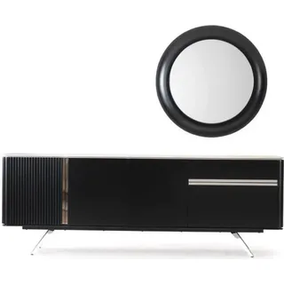 Wohnzimmer Anrichte Spiegel Sideboard Holz mit Metall Stil schwarze Kommode - Schwarz
