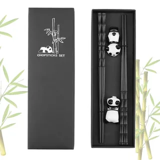 DXLing 2 Paar Wiederverwendbare Fiberglas Essstäbchen Mit Panda Keramik Stäbchenhalter - Geschenkset Chinesische Stäbchen Schwarz für Japanisch oder Chinesisch Essen Sushi
