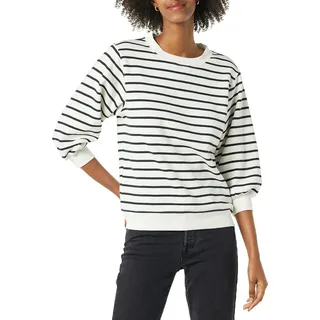 Amazon Essentials Damen-Sweatshirt aus French-Terry-Fleece, Ärmel, Rundhalsausschnitt, Schwarz/Weiß gestreift, Größe S
