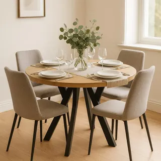 Runder Ausziehbarer Tisch für Esszimmer, PERO, Loft-Stil, Skandinavische, Durchmesser: 100 / 150 cm, Farbe: Eiche Craft Golden / Schwarz - Braun