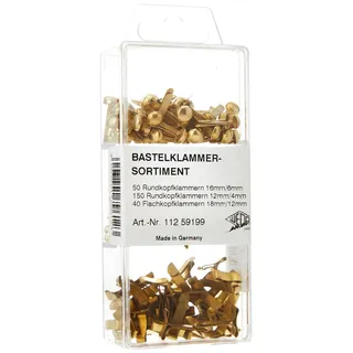 Wedo 11259199 Bastelklammern Sortiment, 240 Stück, Flachkopf und Rundkopf, 3 verschiedene Größen in praktischer Box, vermessingt