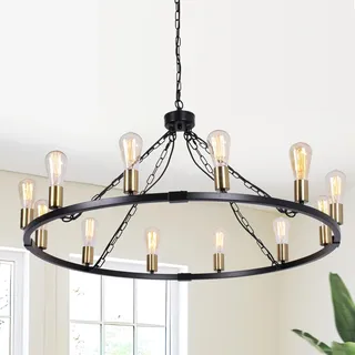 Eoodis Kronleuchter Schwarz Gold Vintage 12-flammig Wagenrad Kronleuchter Ø100cm, Modern Landhausstil Pendelleuchte Höhenverstellbar E27 Hängelampe Industrie-Design für Esszimmer, Wohnzimmer, Küche