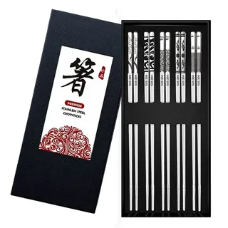 DONGDA Wiederverwendbare, spülmaschinenfeste Edelstahl-Essstäbchen, 5 Paar, chinesische und japanische Stäbchen, elegante Geschenkbox