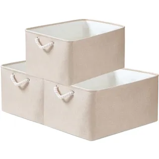 Mangata Stoff Aufbewahrungsboxen, Faltbare Aufbewahrungsbox mit Seilgriffen für Regale, Schrank, Kleiderschrank, 3er-Pack (Elfenbeinfarben, L)