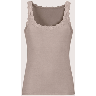 Trägertop MADELEINE "Spitzentop Ärmelloses Sommer-Top mit edler Spitze", Damen, Gr. 44, beige (cappuccino), Obermaterial: 46% Baumwolle CO. 46% Modal CMD. 8% Elasthan EL., Modern, normal, Tops Trägertop, Spitzenborte am Ausschnitt und Armabschluß