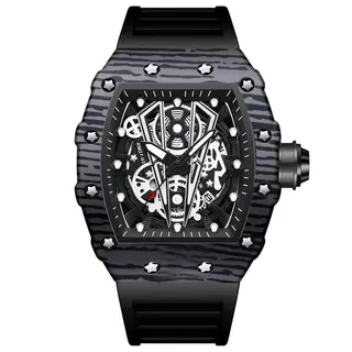 FORSINING Modische Quarzuhr für Herren, Skelett, rechteckig, großes Zifferblatt, analog, Herren-Armbanduhr, lässig, Business, Silikonband, Militäruhren, Schwarz (B), Armband