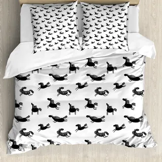 ABAKUHAUS Pferde Bettbezug, Doodle Equiden Pattern, Milbensicher Allergiker geeignet mit Kissenbezügen, 200 cm x 200 cm - 80 x 80 cm, Schwarz-Weiss