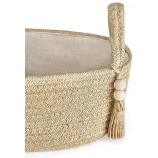 Unyqoos® Jute-Aufbewahrungskorb für Bad & Wohnräume – 39,9 x 15,2 cm, dekorativer Boho-Toilettenkorb mit Leinenfutter, Holzperlenrand & Tragegriffen - Braun