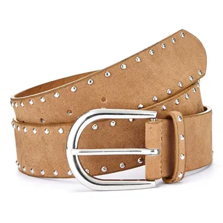 Hüftgürtel LASCANA "Nietengürtel, Anzuggürtel, Gürtel, Jeansgürtel, Hosengürtel", Damen, Gr. 75, braun (camelfarben), Lederimitat, kontrastfarbene Details, unifarben, Gürtel Hüftgürtel, mit kleinen Nieten für Jeans & Hosen, Topseller