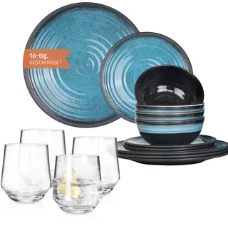 Melamin Camping Geschirr Set 4 Personen Stone Blue + 4 Milano Gläser Wassergläser Tafelgeschirr Picknick BBQ Kochgeschirr