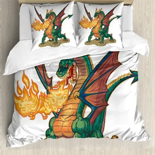 ABAKUHAUS Drachen Bettbezug, Mythische Monster-Maskottchen, Milbensicher Allergiker geeignet mit Kissenbezügen, 155 cm x 220 cm - 80 x 80 cm, Dark Orange Jägergrün - Schwarz