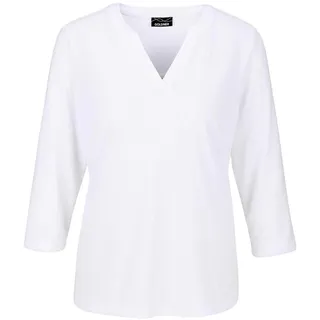 Kurzarmshirt GOLDNER "Kurzgröße Modisches 3/4-Arm-Oberteil", Damen, Gr. 22, weiß, Obermaterial: 80% Polyester PES. 20% Viskose CV., Basic, normal, V-Ausschnitt, Tubular, Shirts Kurzarmshirt, Formblende
