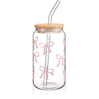 Cosmeria Bow Glasbecher 16 Oz Mit Deckel Und Strohhalm, Elegantes Geschenk Für Beste Freundin, Dekoratives Bow Design, Vielseitiges Trinkglas