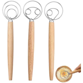 CZAYEFNH 3 Stück Teig Schneebesen, Dänischer Teig Schneebesen mischen, zum Backen in der Küche Holzgriff Edelstahl Manuelle Teigmischung Brotkuchenherstellung, 3 Größen inbegriffen